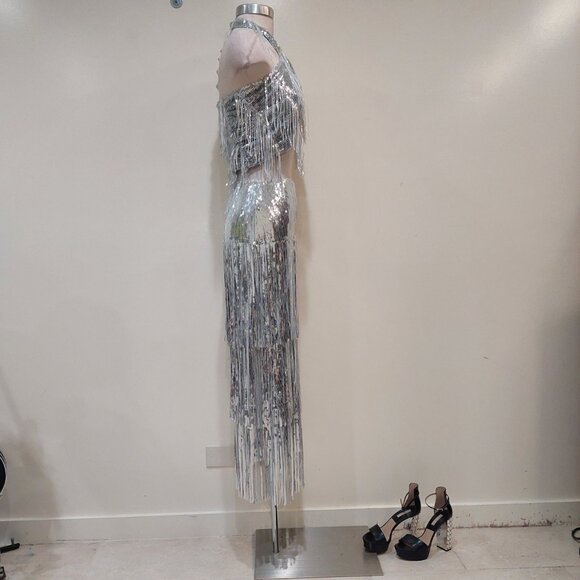 💥INSANELY BEAUTIFUL!💥Roaring 20s Vibe Tatiana Fringed Sequin Skirt in Silver - Picture 13 of 16